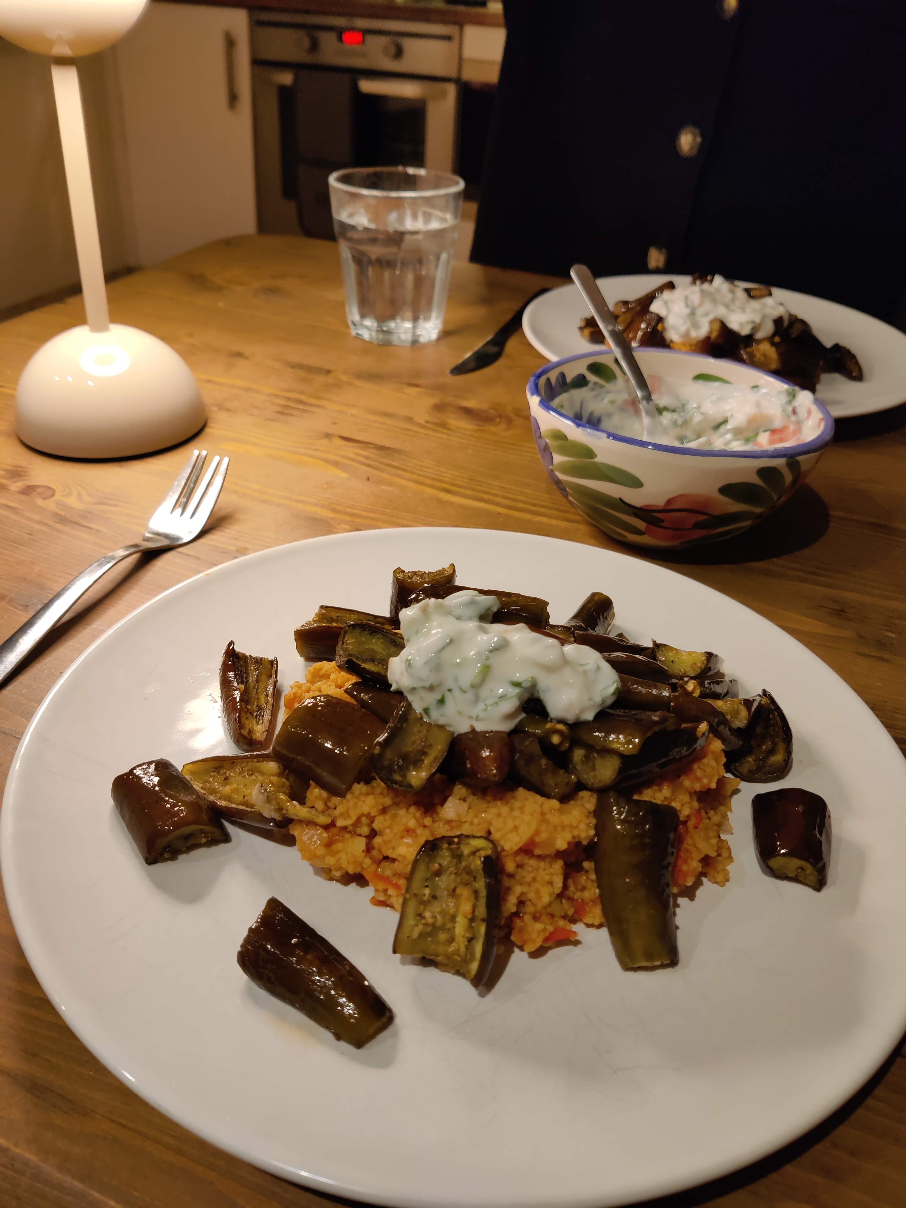 Bulgur with tomato, aubergine and preserved lemon yoghurt
