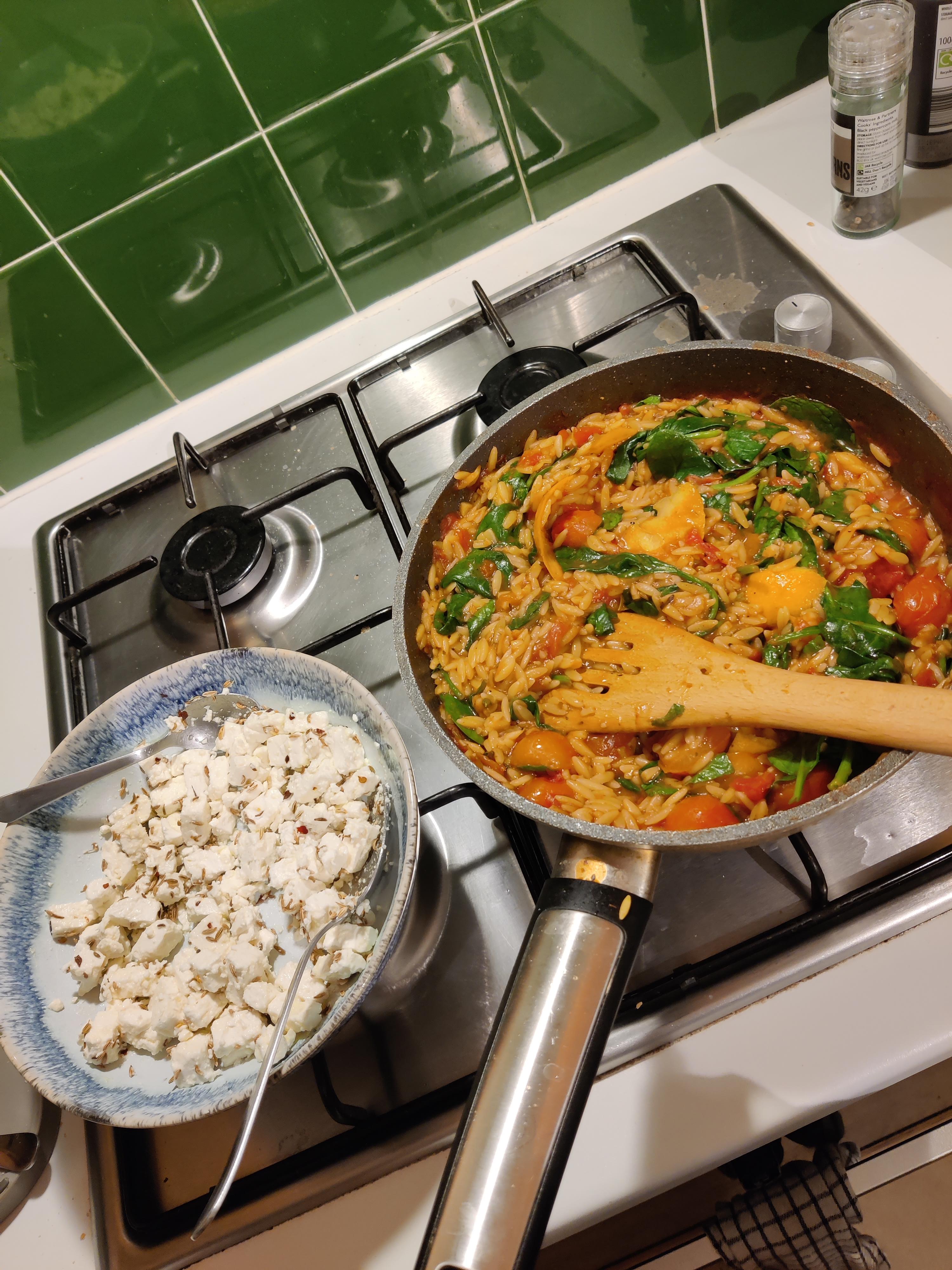 Orzo with tomato and marinated feta (vegetarian version)